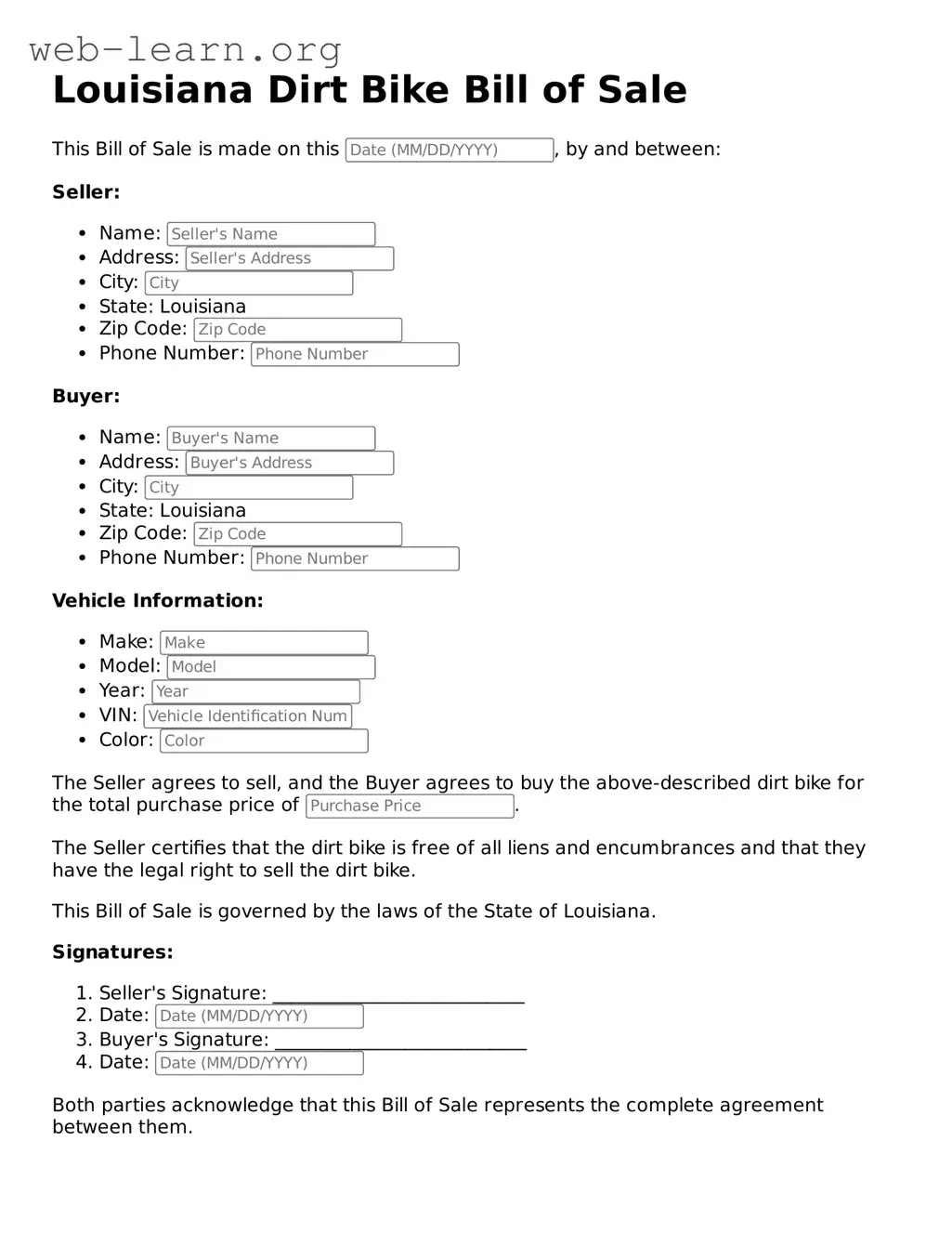 Attorney-Approved Dirt Bike Bill of Sale Document for the State of Louisiana
