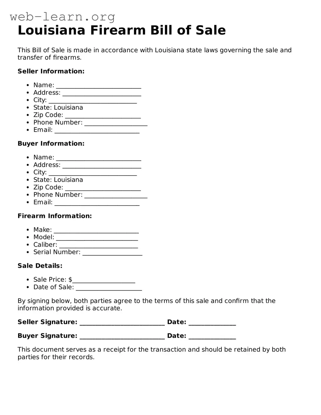 Attorney-Approved Firearm Bill of Sale Document for the State of Louisiana