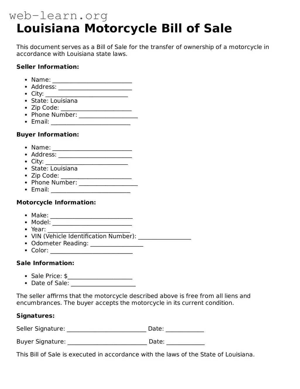 Attorney-Approved Motorcycle Bill of Sale Document for the State of Louisiana