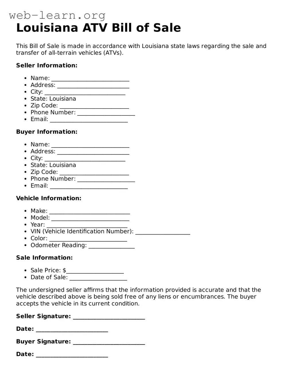 Attorney-Approved ATV Bill of Sale Document for the State of Louisiana