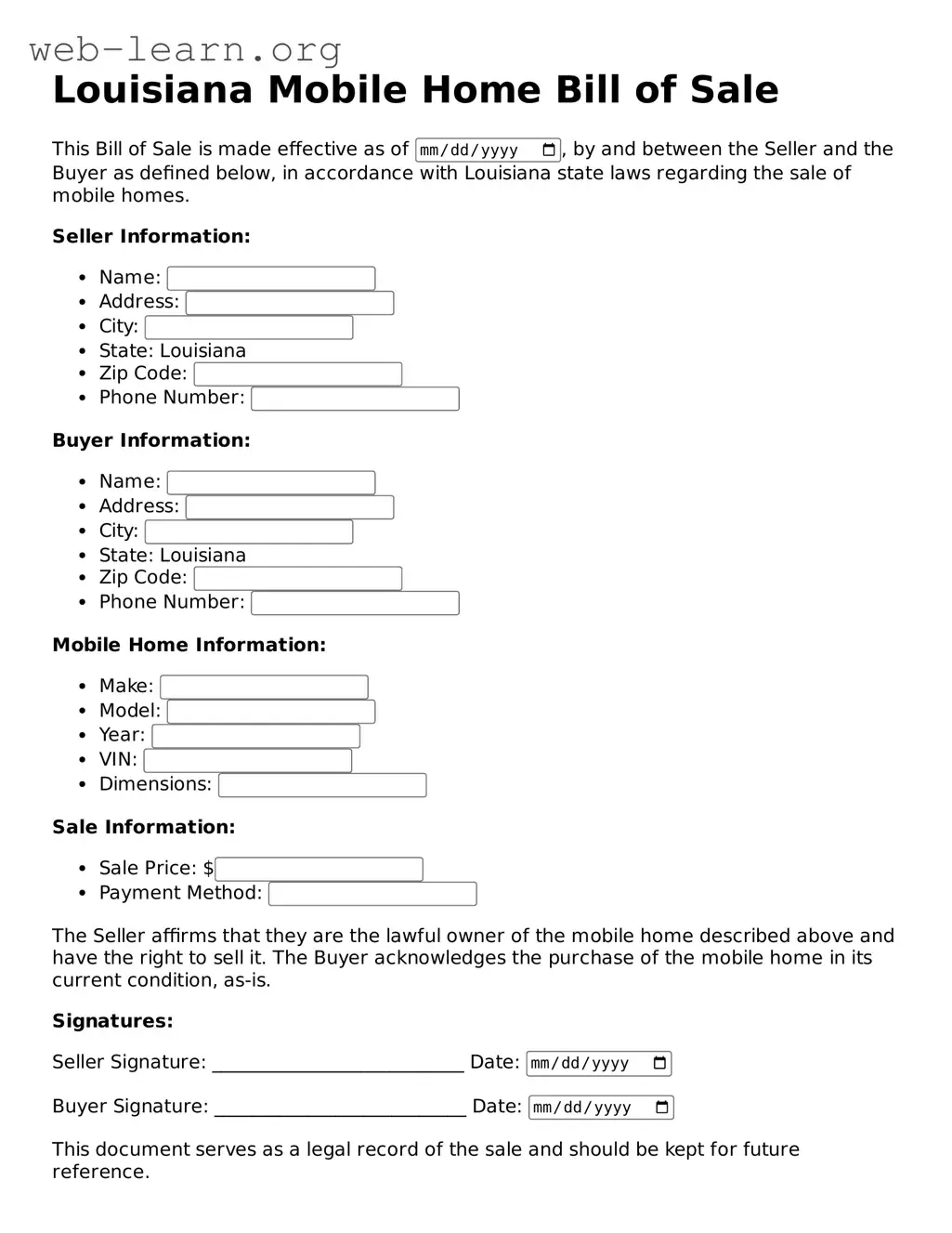 Attorney-Approved Mobile Home Bill of Sale Document for the State of Louisiana