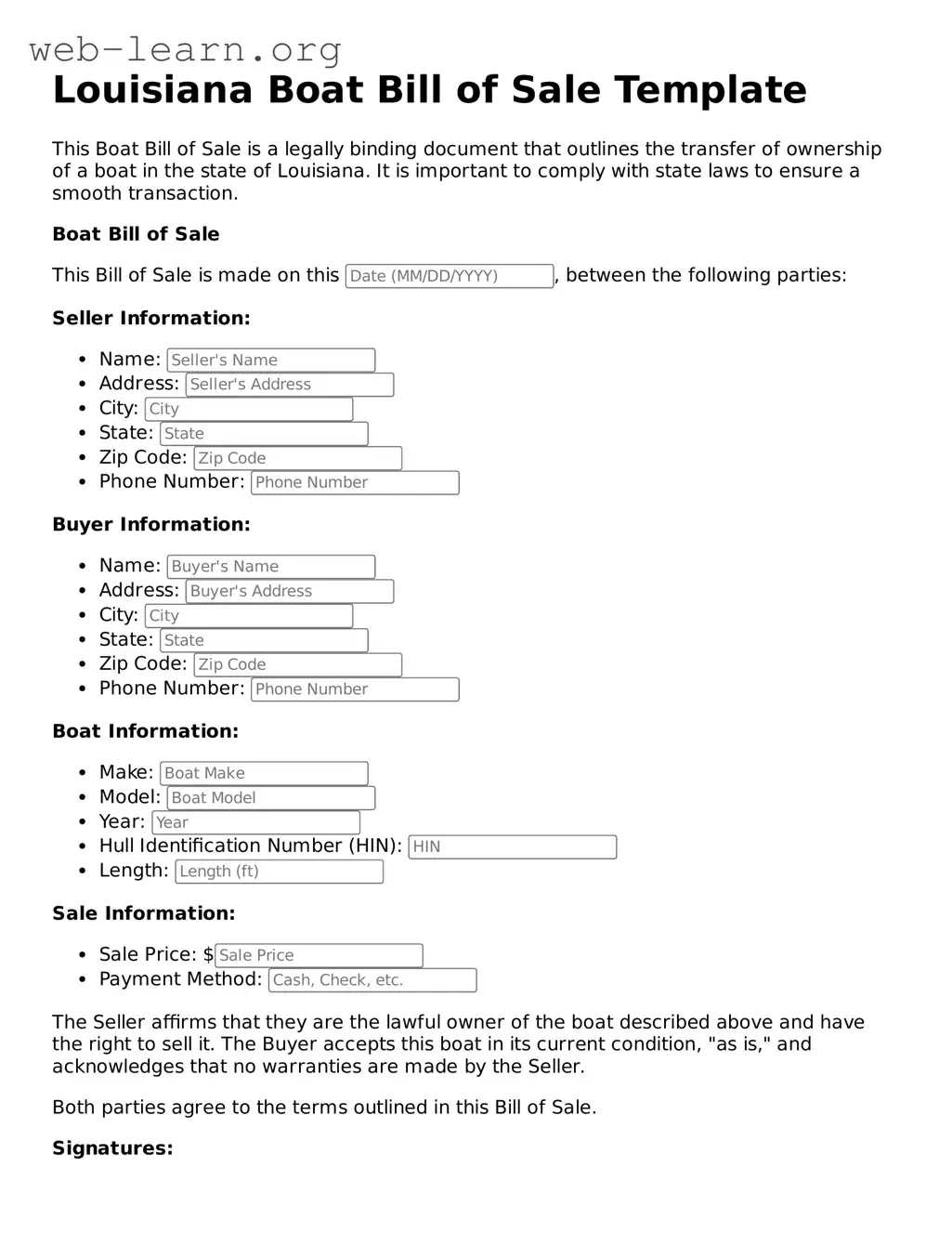 Attorney-Approved Boat Bill of Sale Document for the State of Louisiana