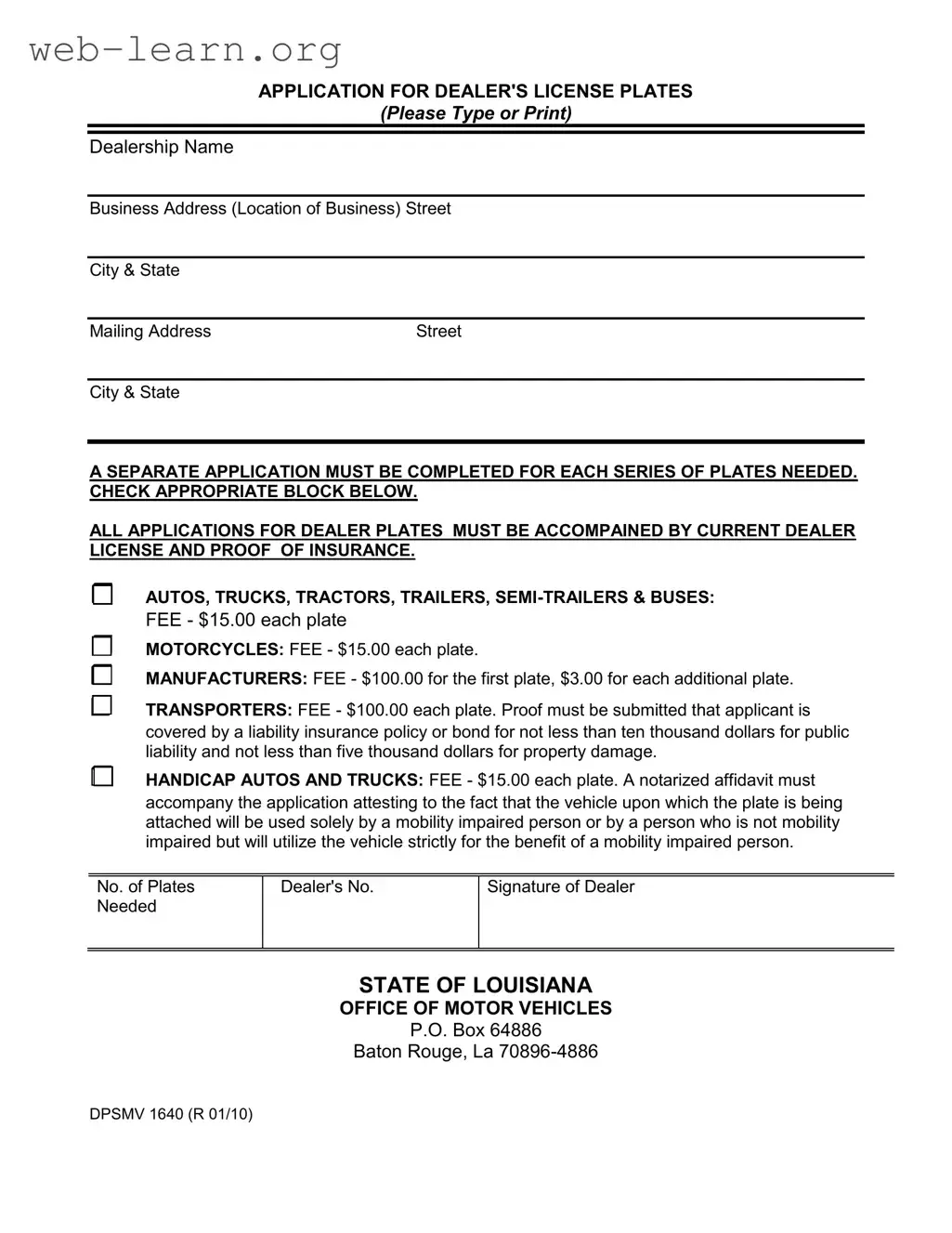 Blank Dpsmv 1640 Louisiana Form