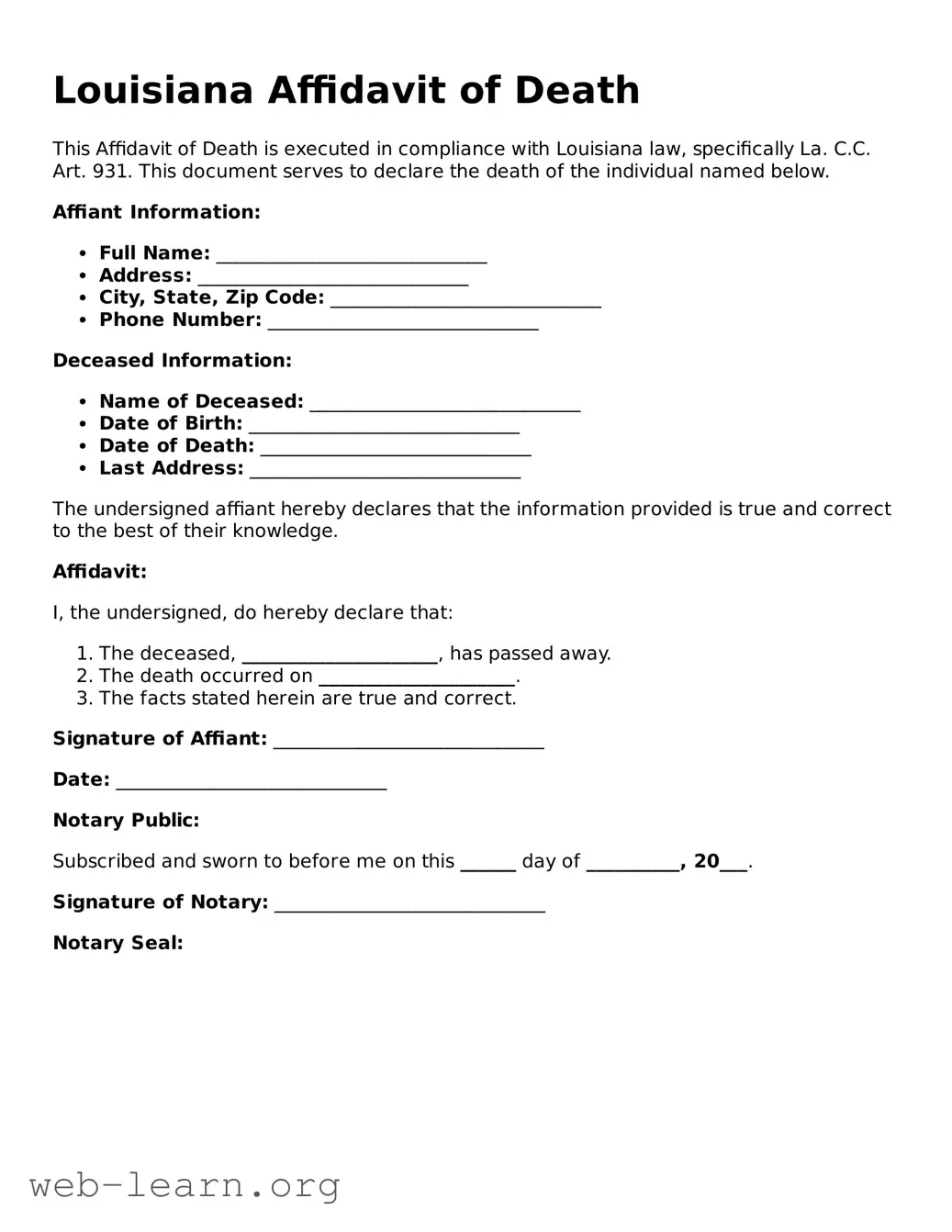 Attorney-Approved Affidavit of Death Document for the State of Louisiana