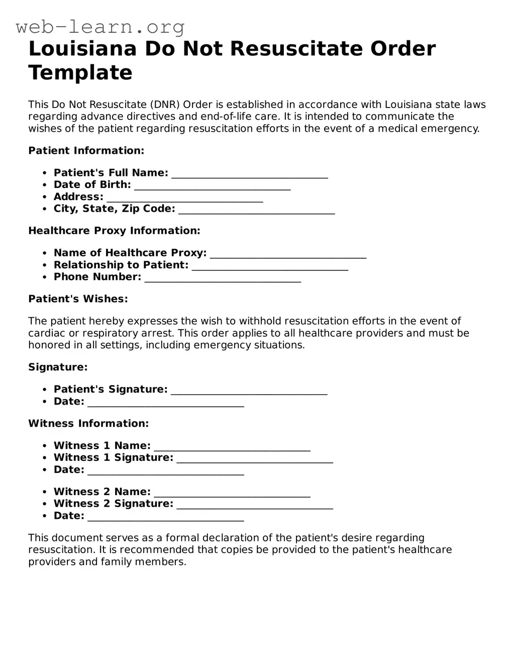 Attorney-Approved Do Not Resuscitate Order Document for the State of Louisiana