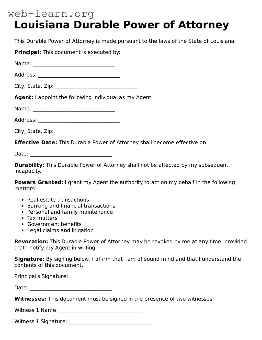 Attorney-Approved Durable Power of Attorney Document for the State of Louisiana