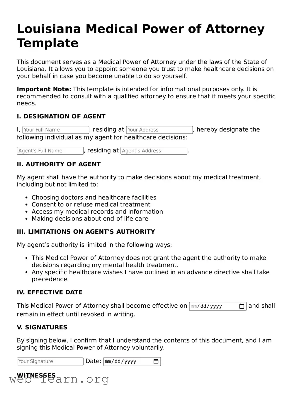 Attorney-Approved Medical Power of Attorney Document for the State of Louisiana