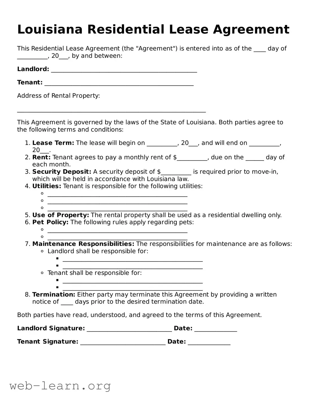 Attorney-Approved Residential Lease Agreement Document for the State of Louisiana