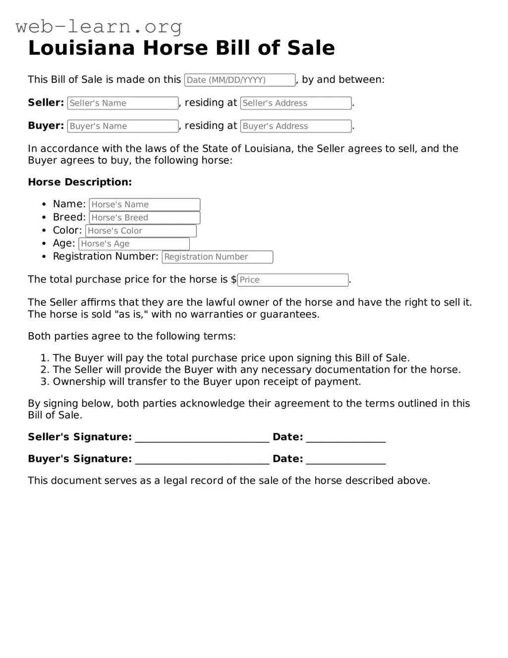 Attorney-Approved Horse Bill of Sale Document for the State of Louisiana