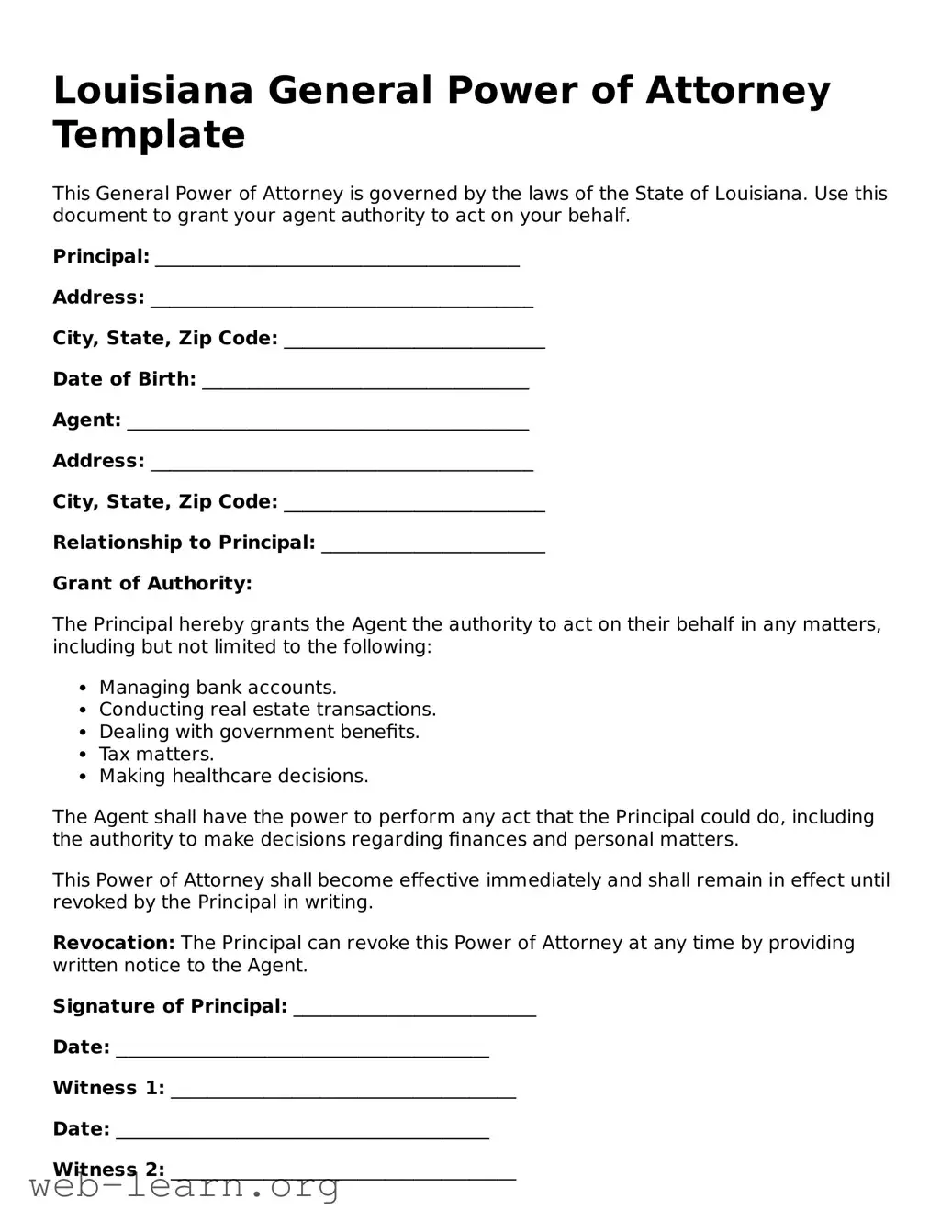 Attorney-Approved General Power of Attorney Document for the State of Louisiana