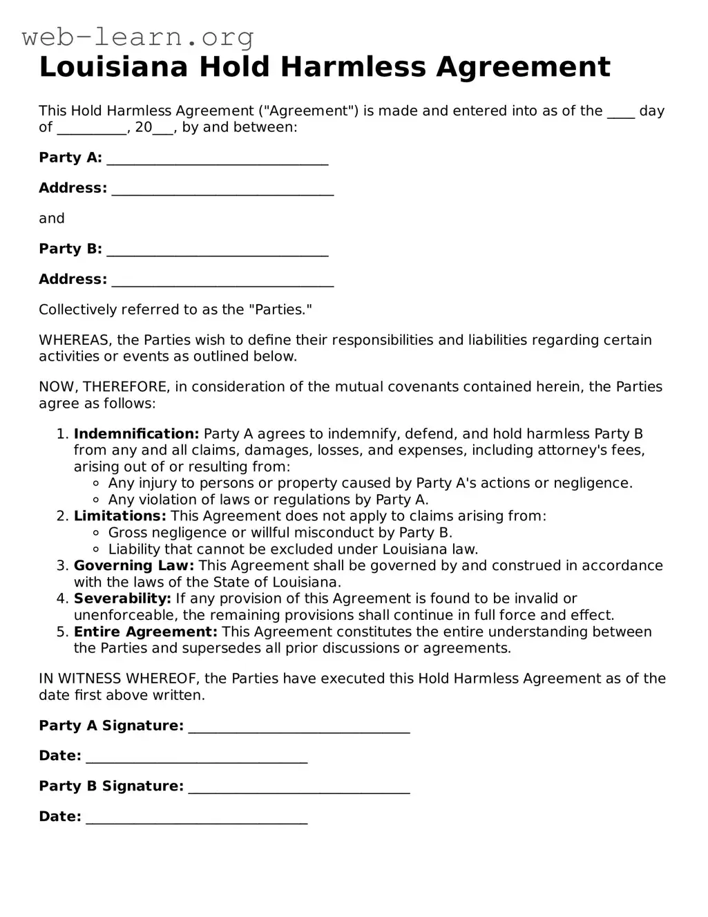 Attorney-Approved Hold Harmless Agreement Document for the State of Louisiana