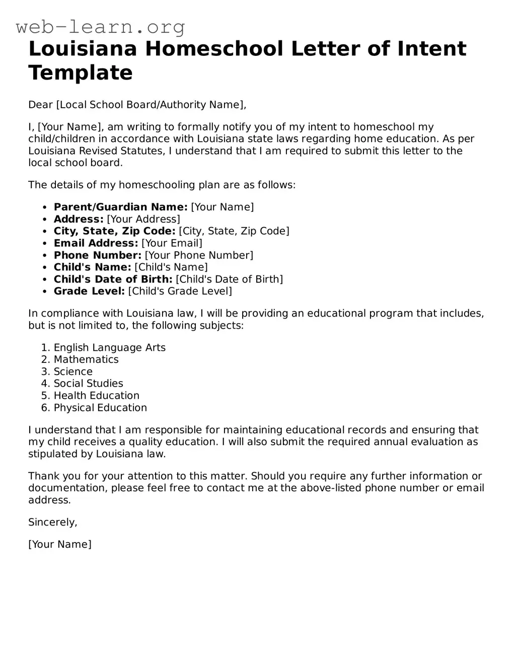 Attorney-Approved Homeschool Letter of Intent Document for the State of Louisiana