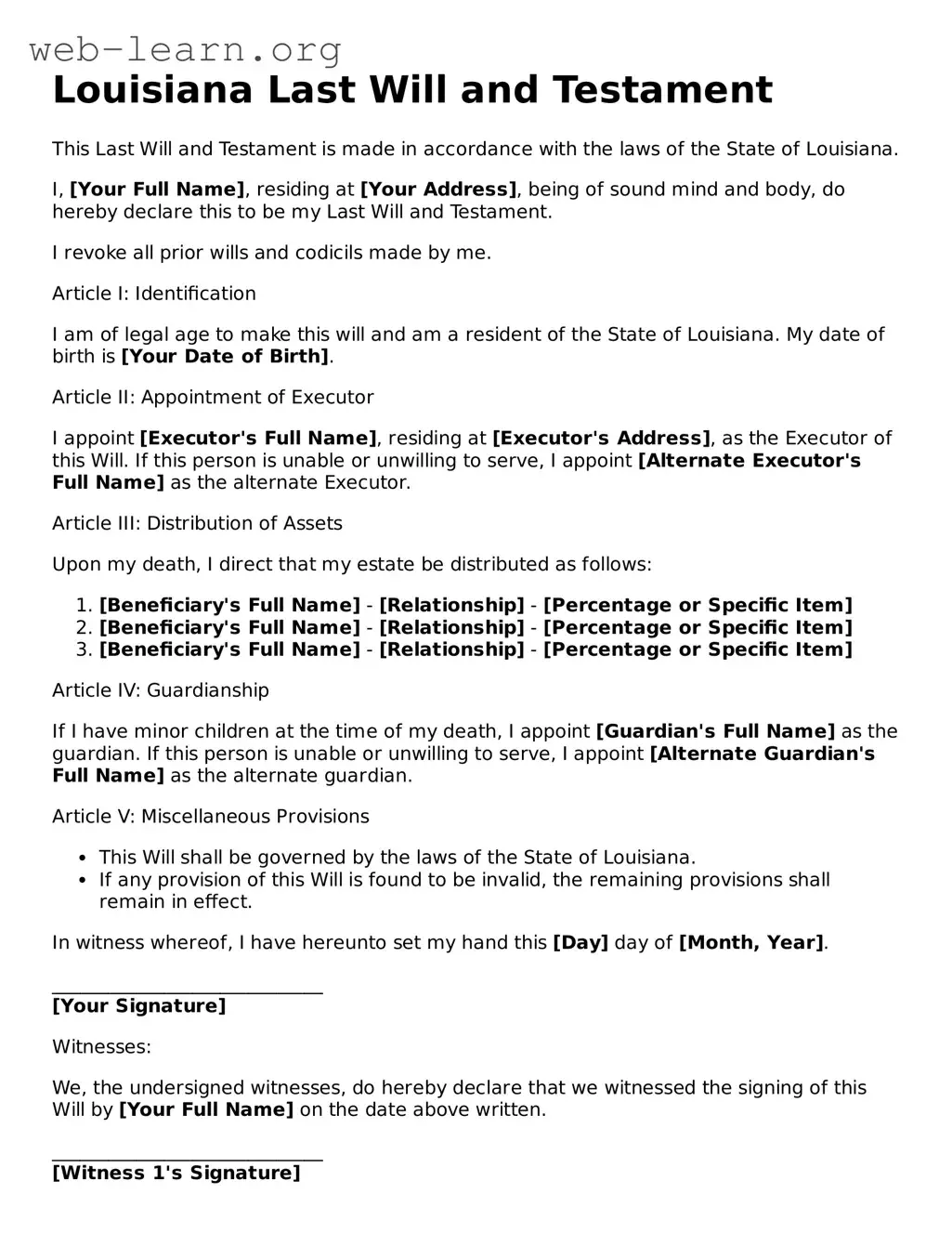 Attorney-Approved Last Will and Testament Document for the State of Louisiana