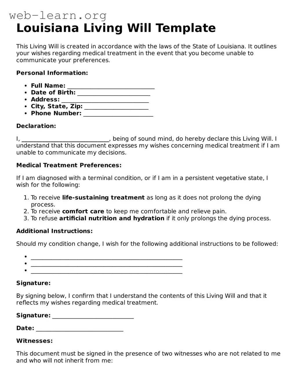 Attorney-Approved Living Will Document for the State of Louisiana