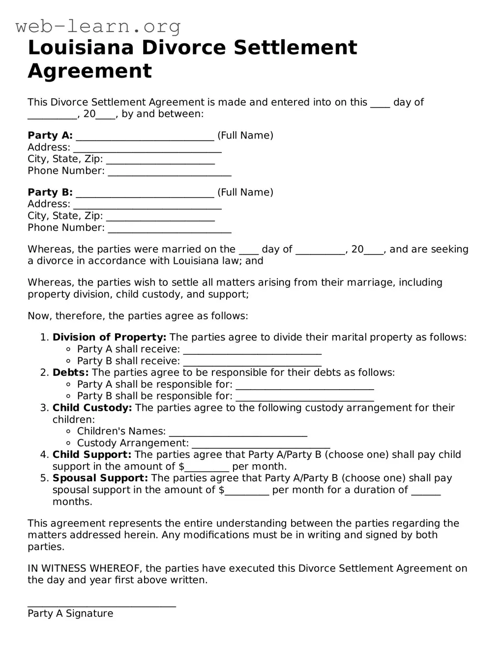 Attorney-Approved Divorce Settlement Agreement Document for the State of Louisiana