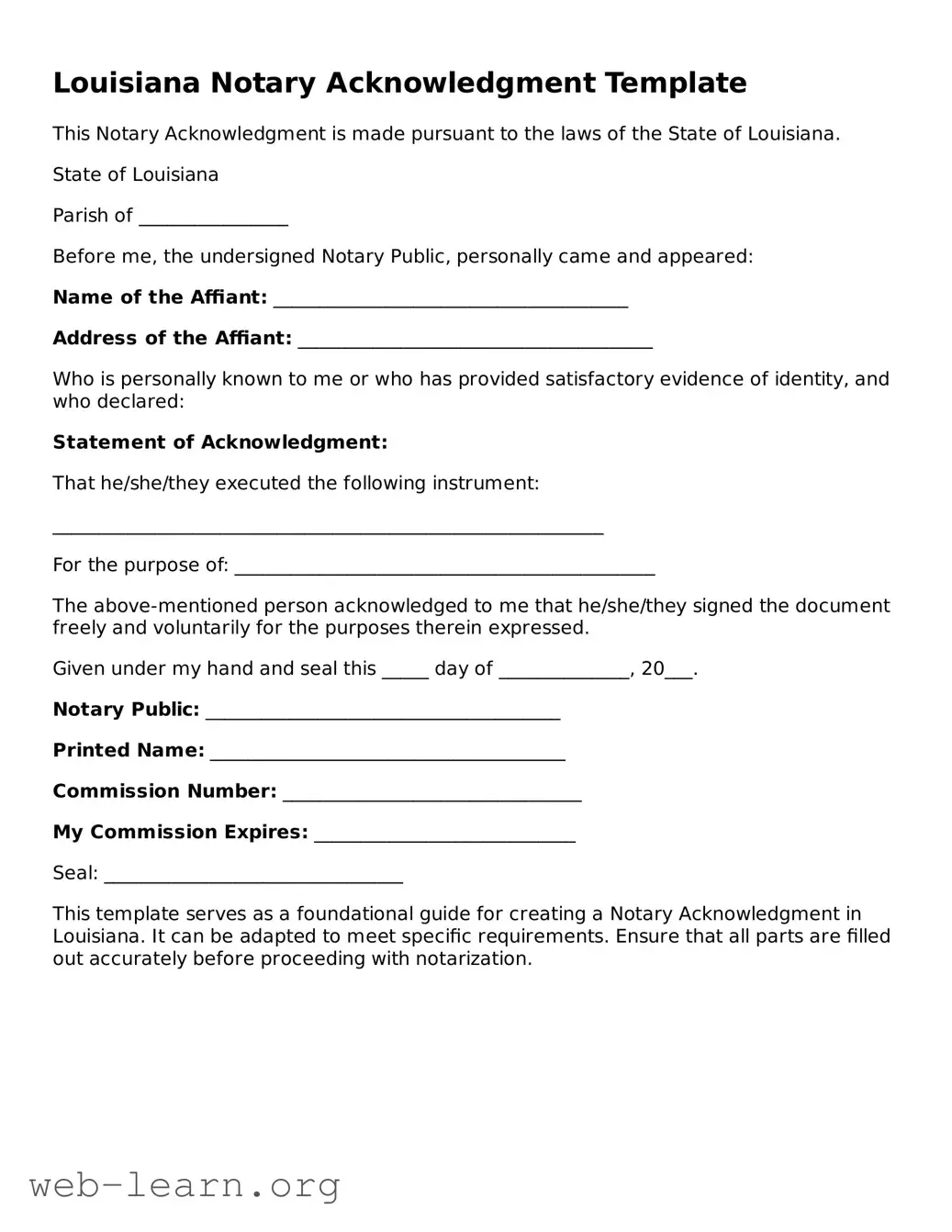 Attorney-Approved Notary Acknowledgement Document for the State of Louisiana