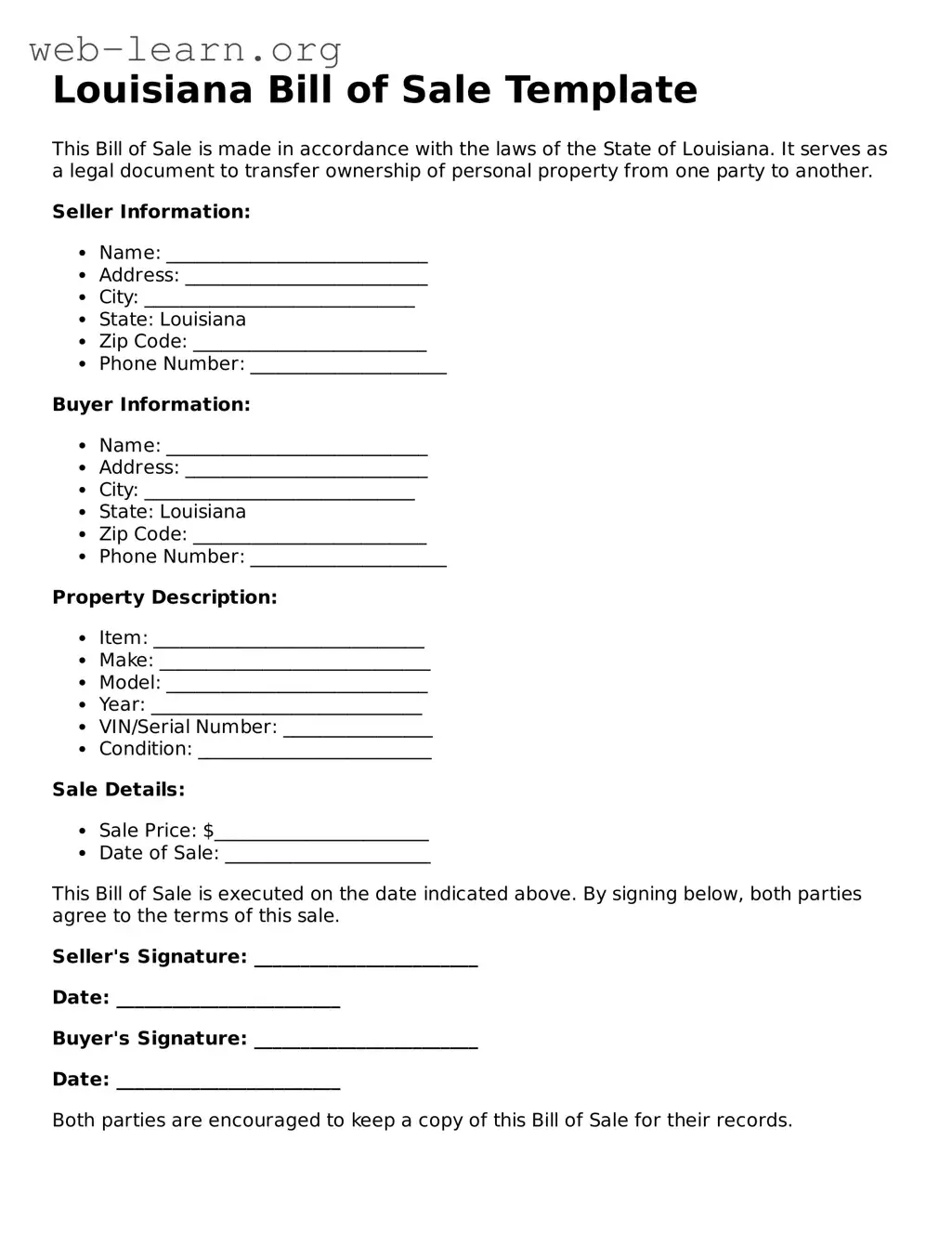 Attorney-Approved Bill of Sale Document for the State of Louisiana