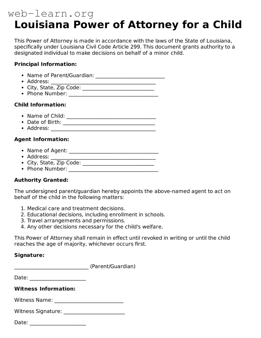 Attorney-Approved Power of Attorney for a Child Document for the State of Louisiana