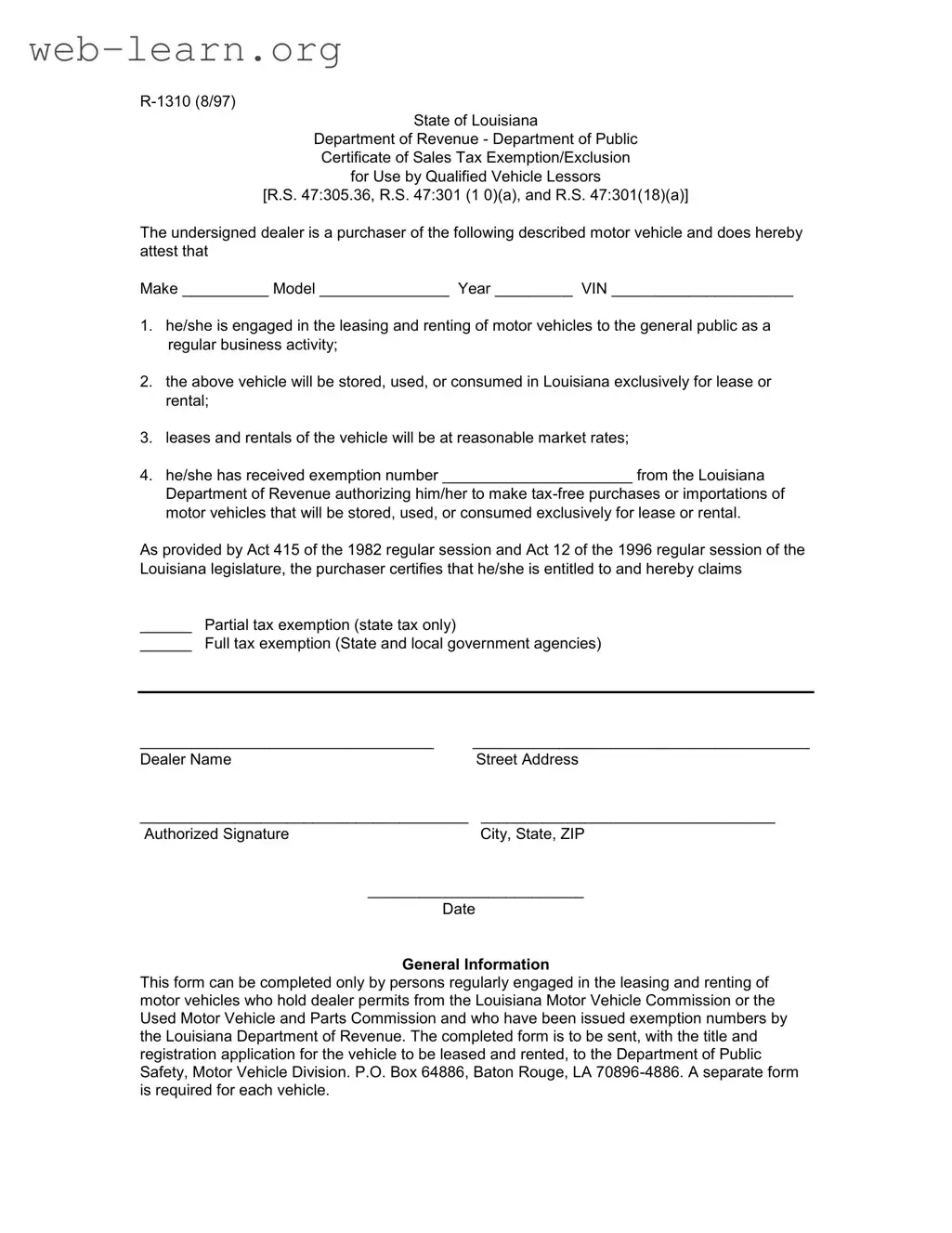 Blank Louisiana R 1310 Form