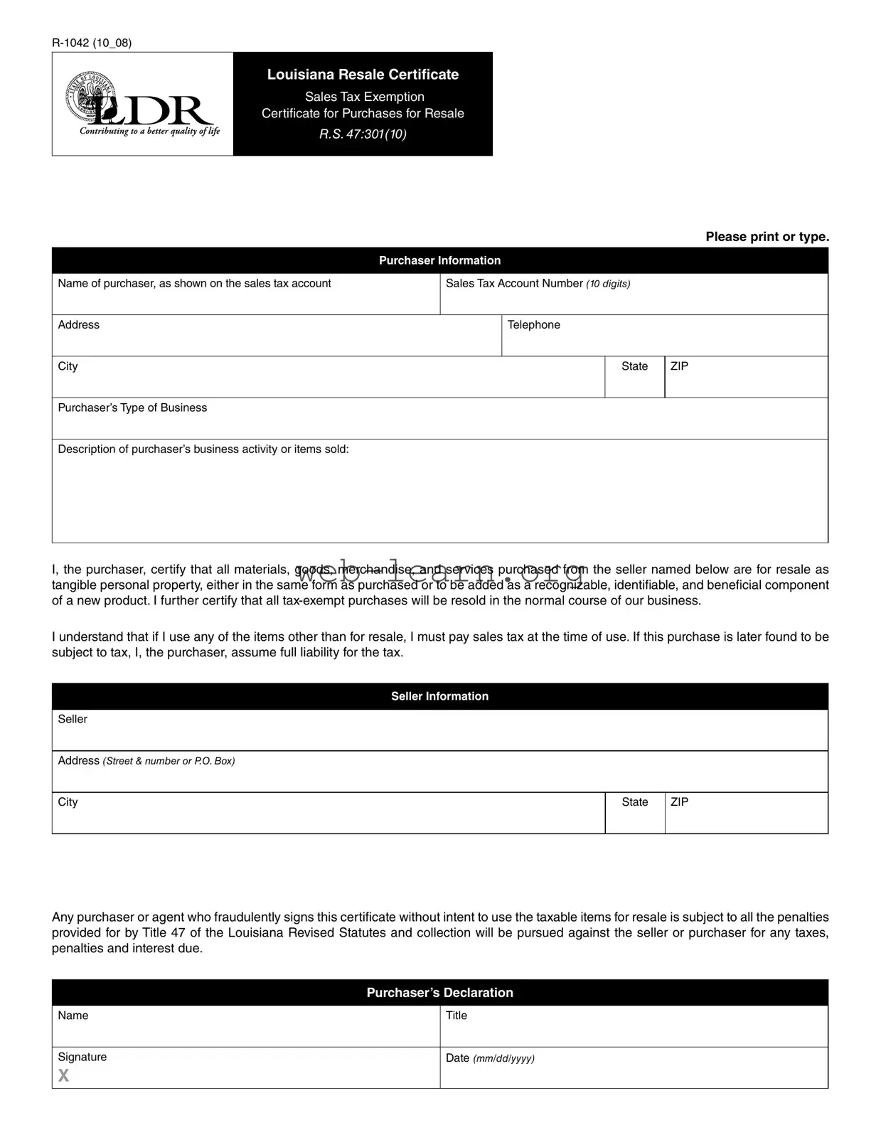 Blank R 1042 Louisiana Certificate Form