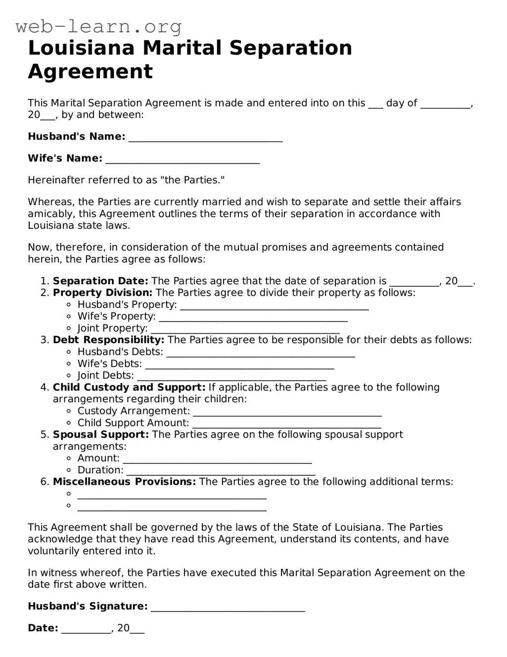 Attorney-Approved Marital Separation Agreement Document for the State of Louisiana