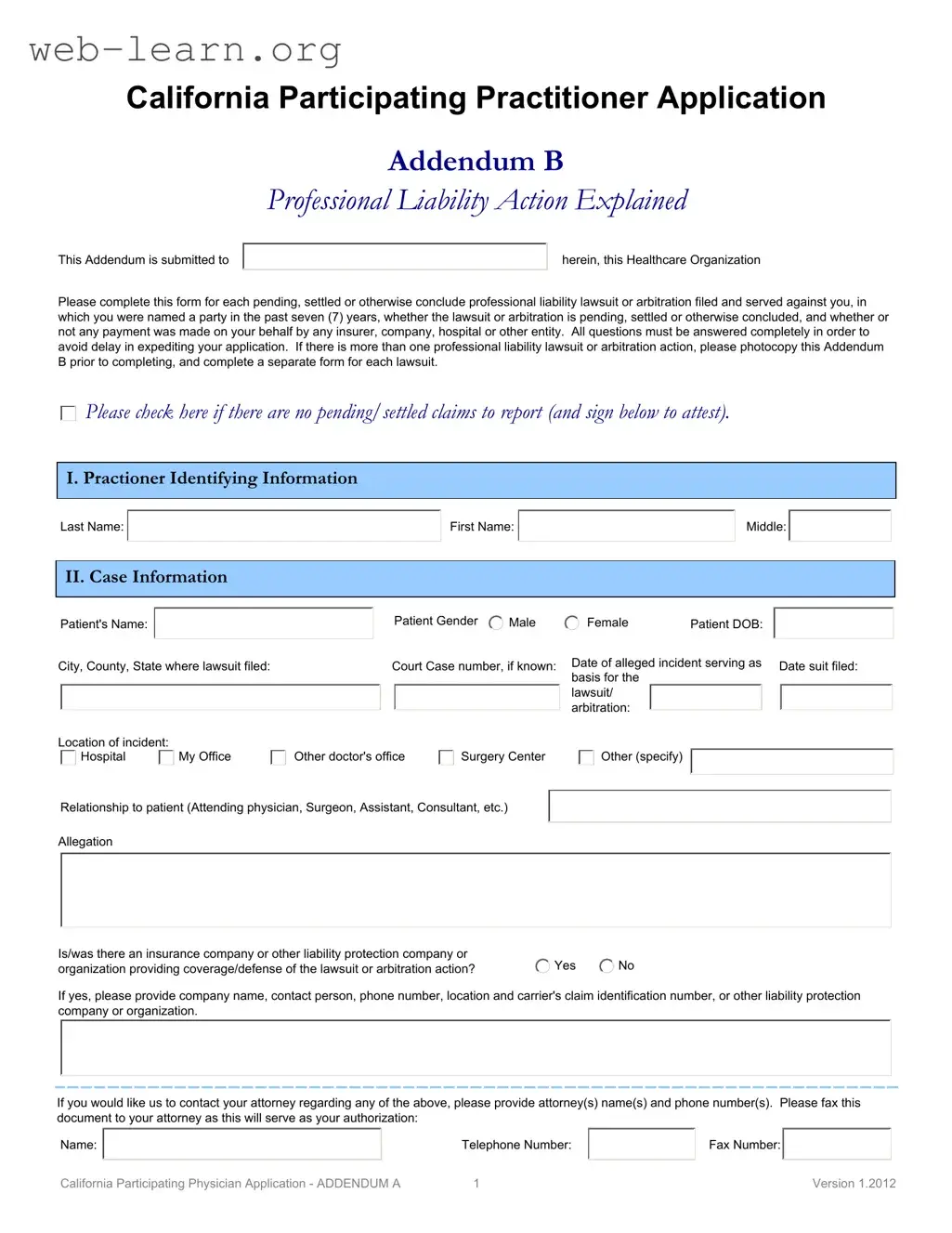 Blank California Participating Practitioner Form