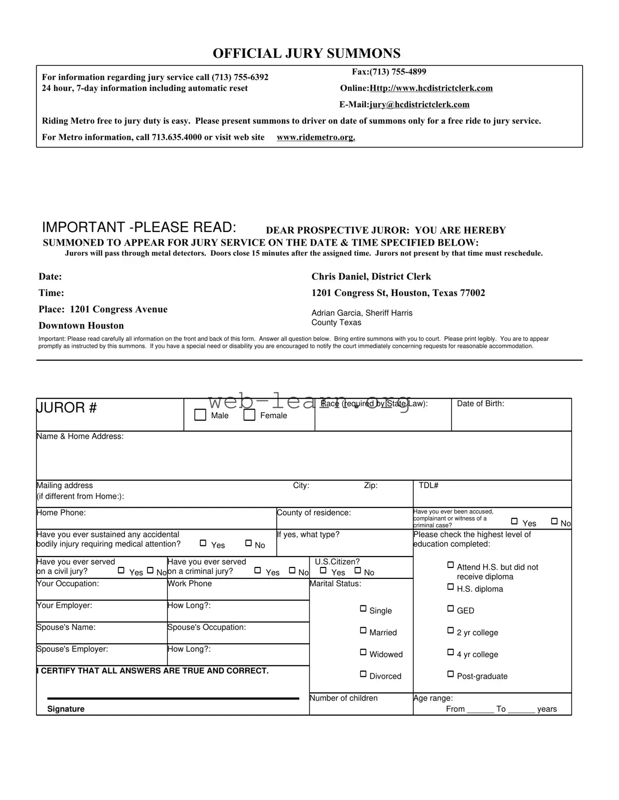 Blank Official Jury Summons Form