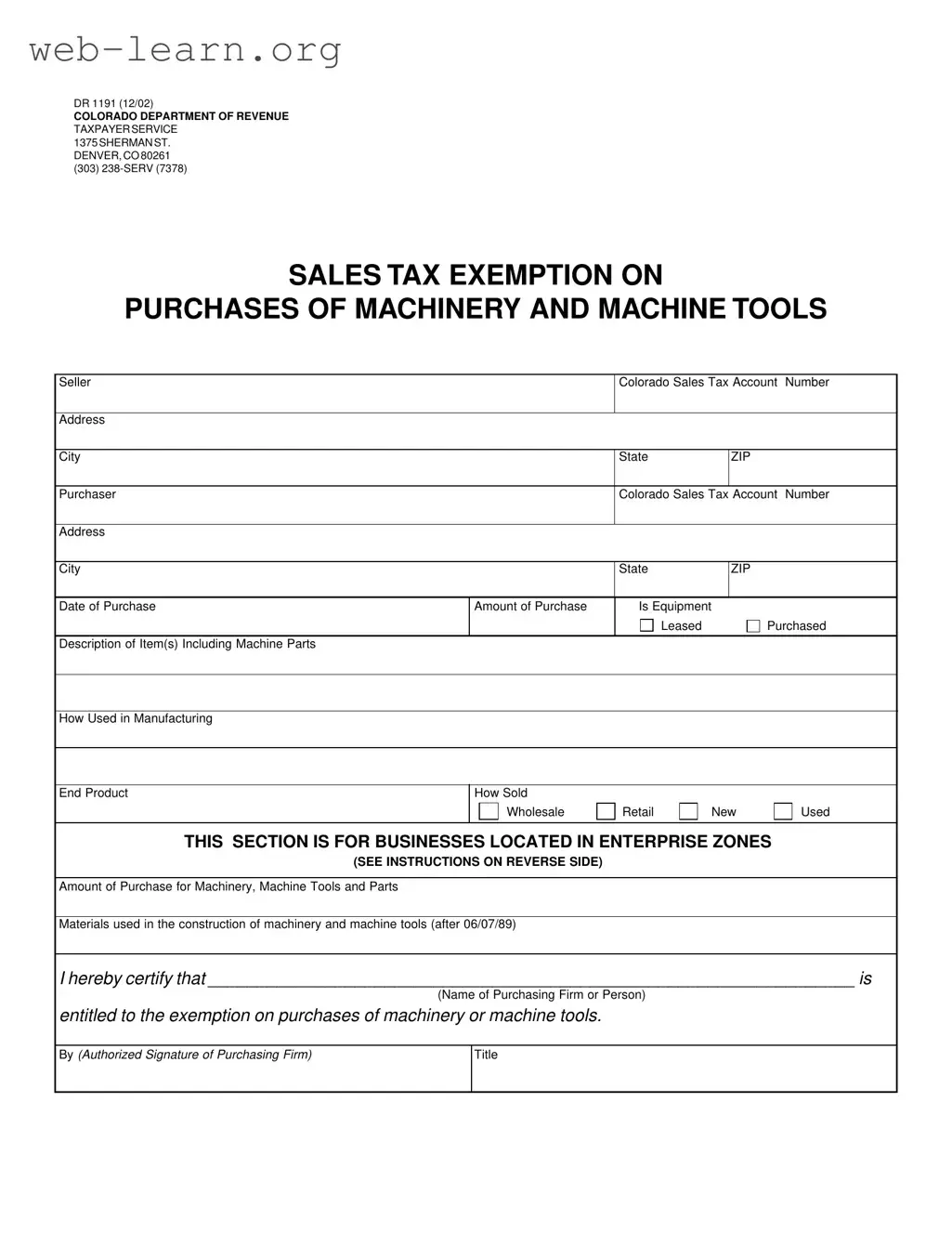 Blank Colorado Dr 1191 Form