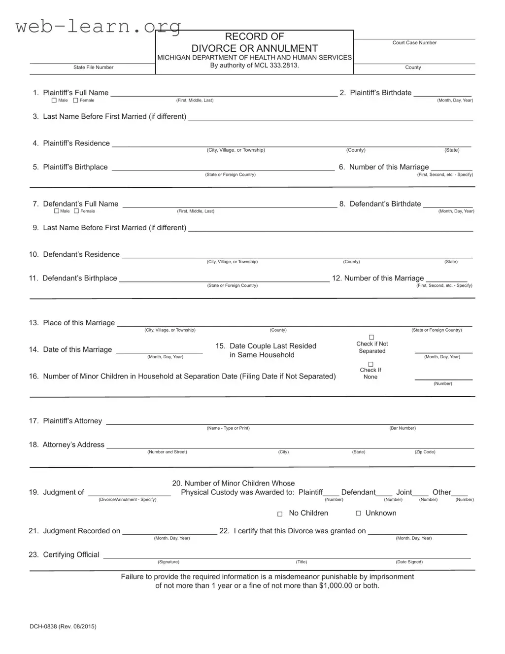 Blank Michigan Dch 0838 Form