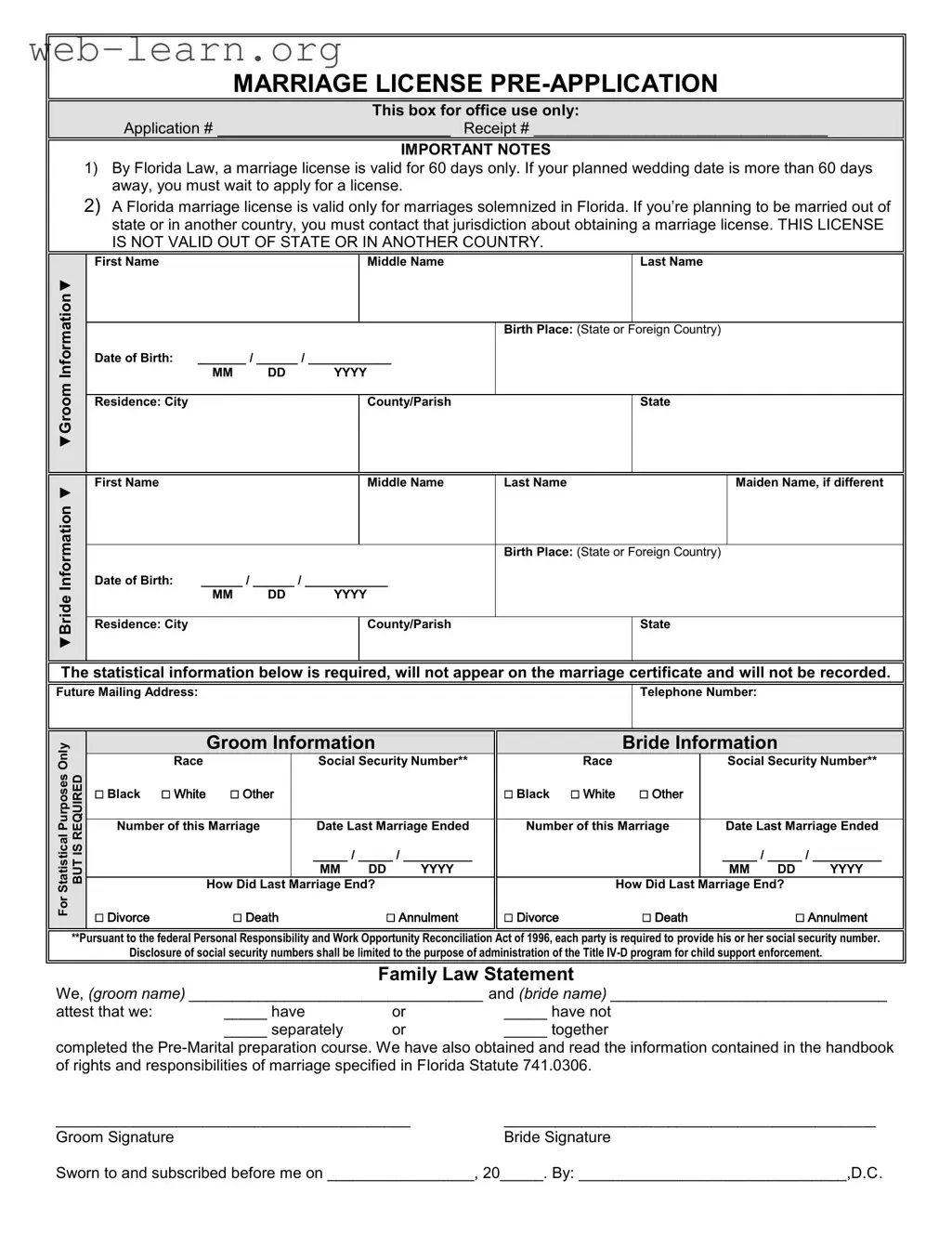 Blank Florida Marriage Application Form