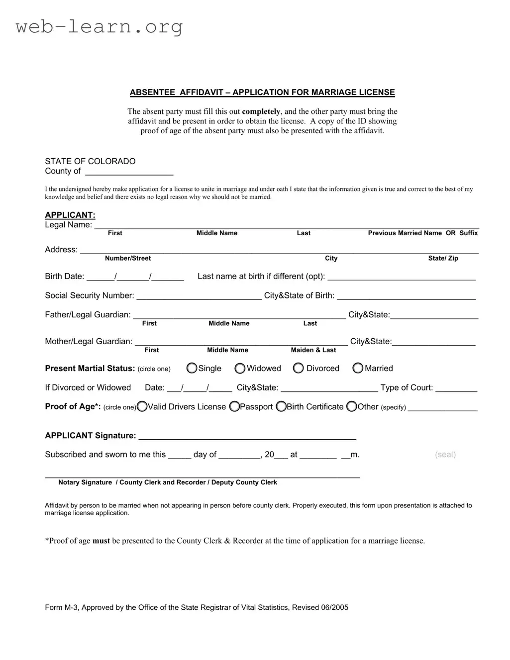 Blank M 3 Colorado Form