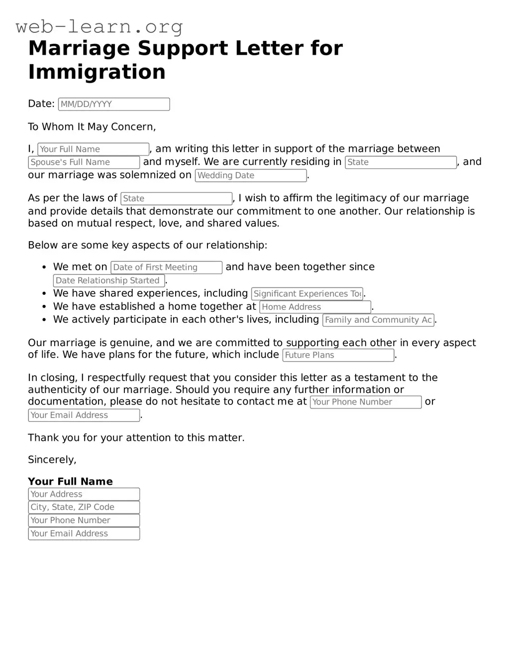 Attorney-Approved Marriage Support Letter for Immigration Template