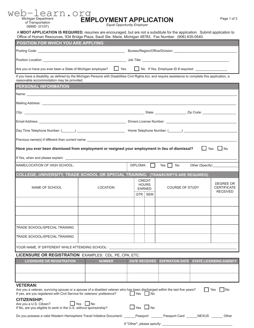 Blank Michigan 0999D Form