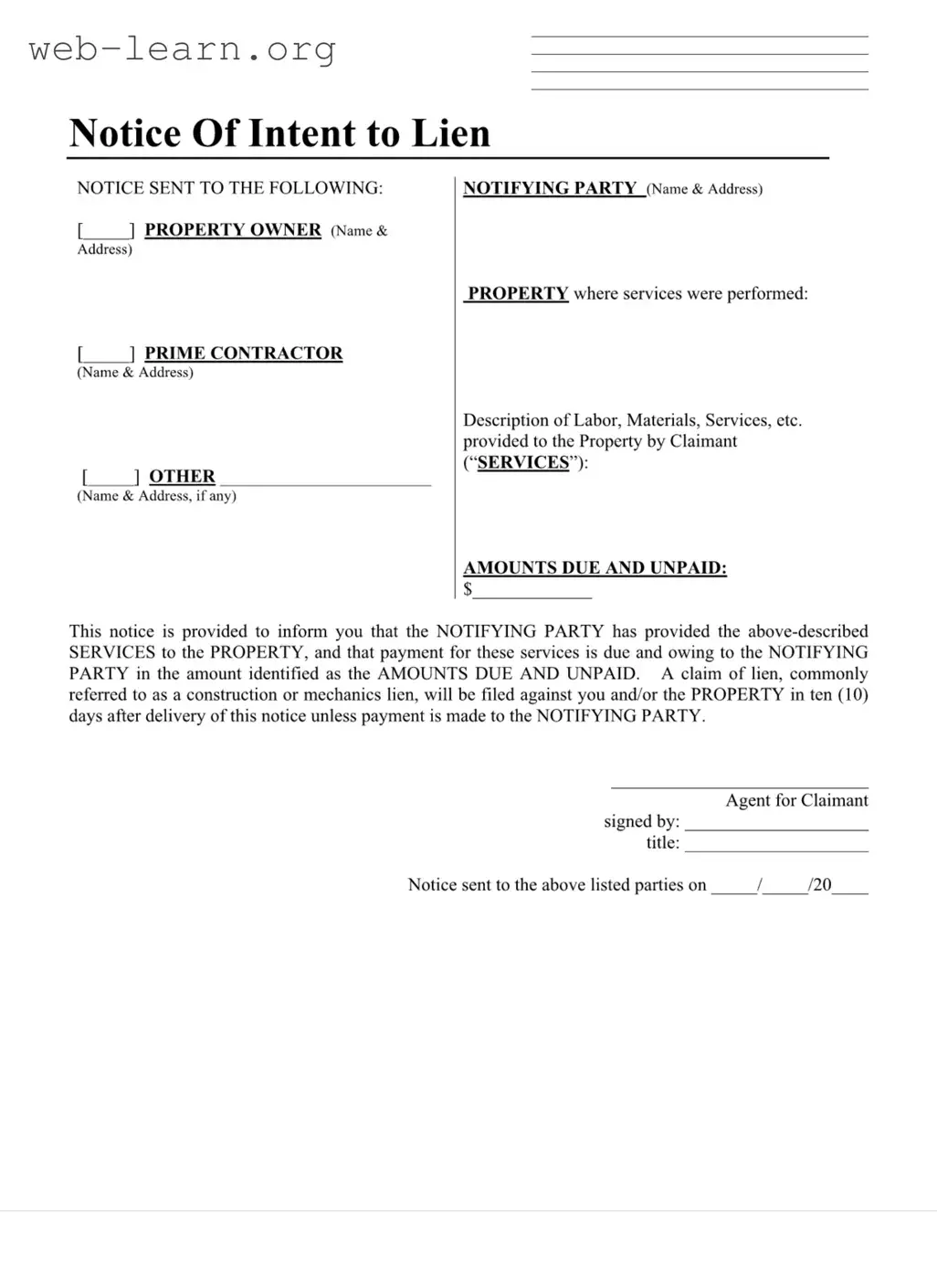 Blank Illinois Notice Lien Form