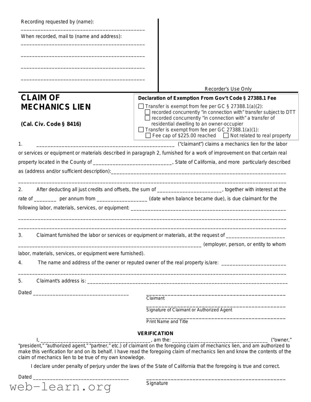 Blank Mechanics Lien California Form
