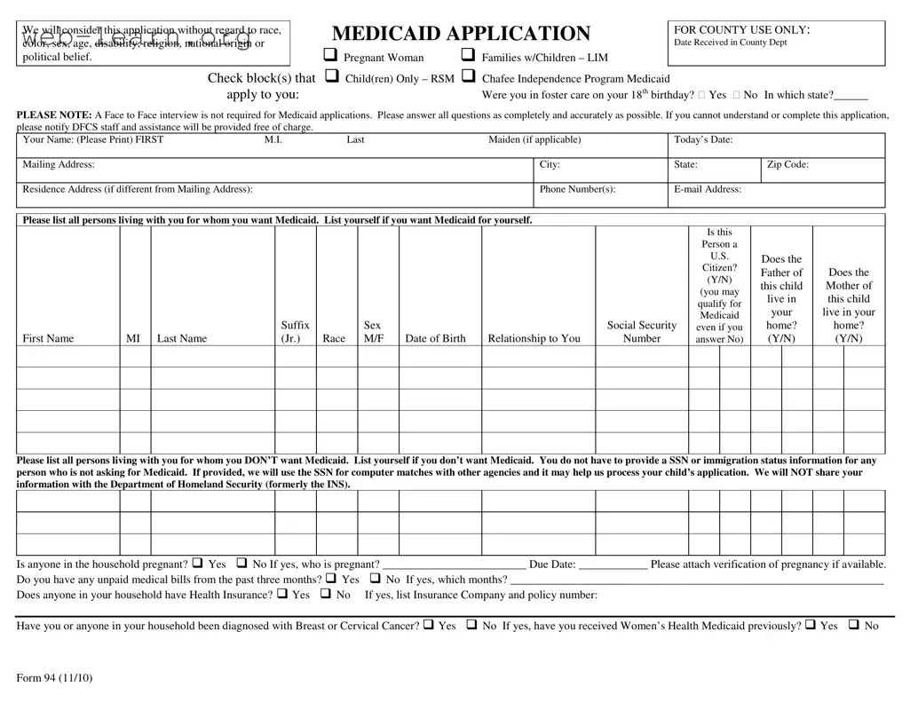 Blank Georgia Medicaid Application Form