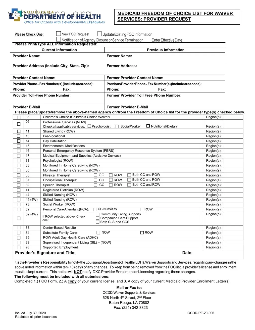 Blank Louisiana Medicaid Freedom of Choice List Form