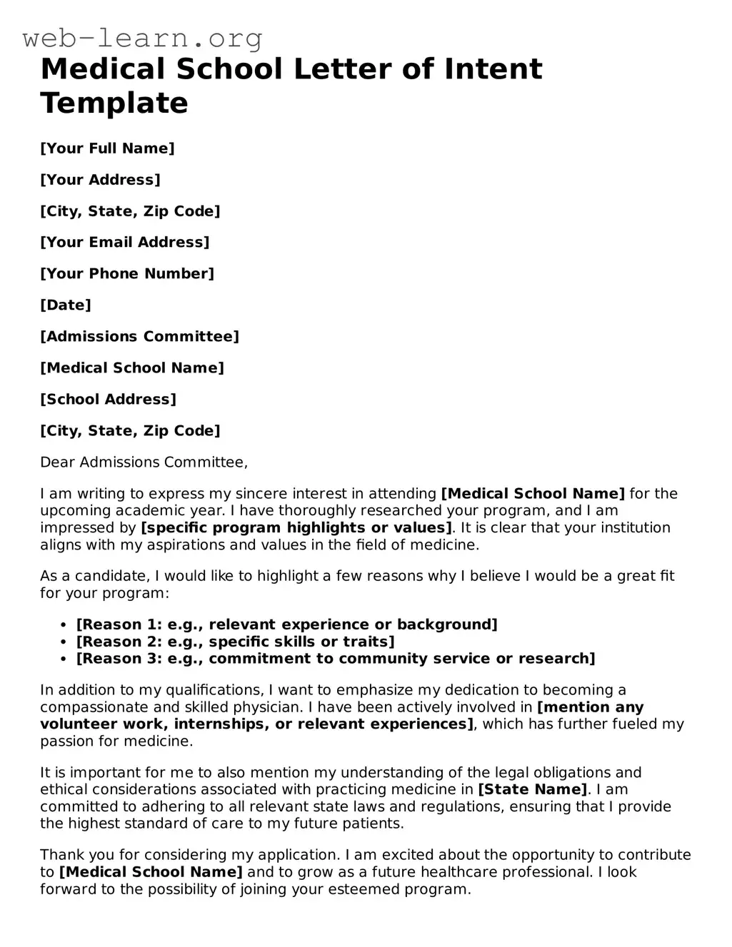 Attorney-Approved Medical School Letter of Intent Template