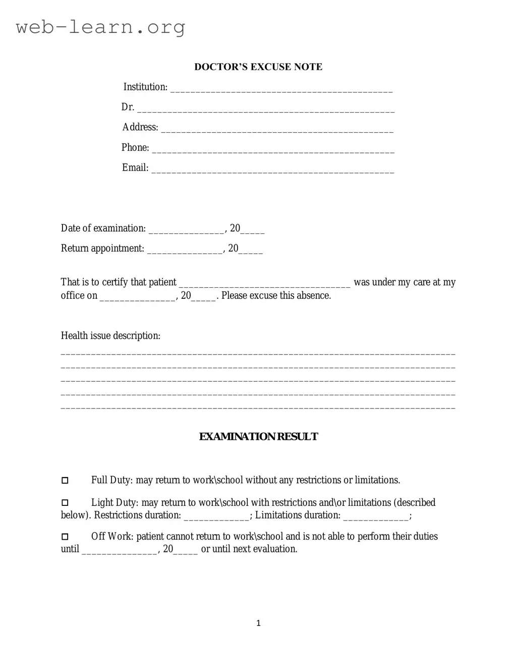 Blank Doctors Excuse Note Form