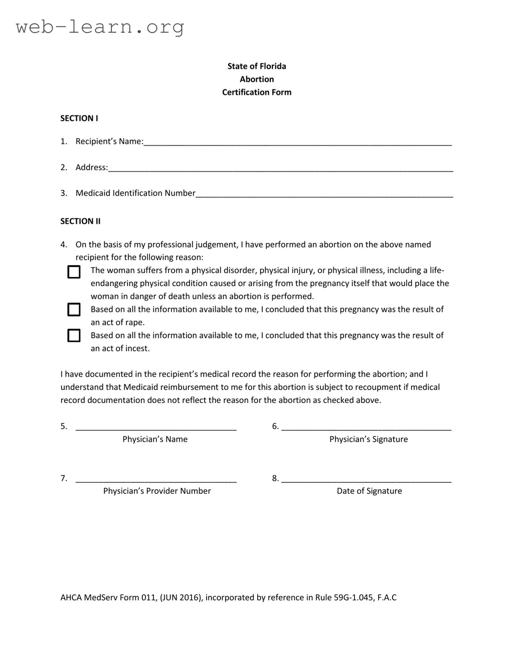 Blank Abortion Paperwork Florida Form