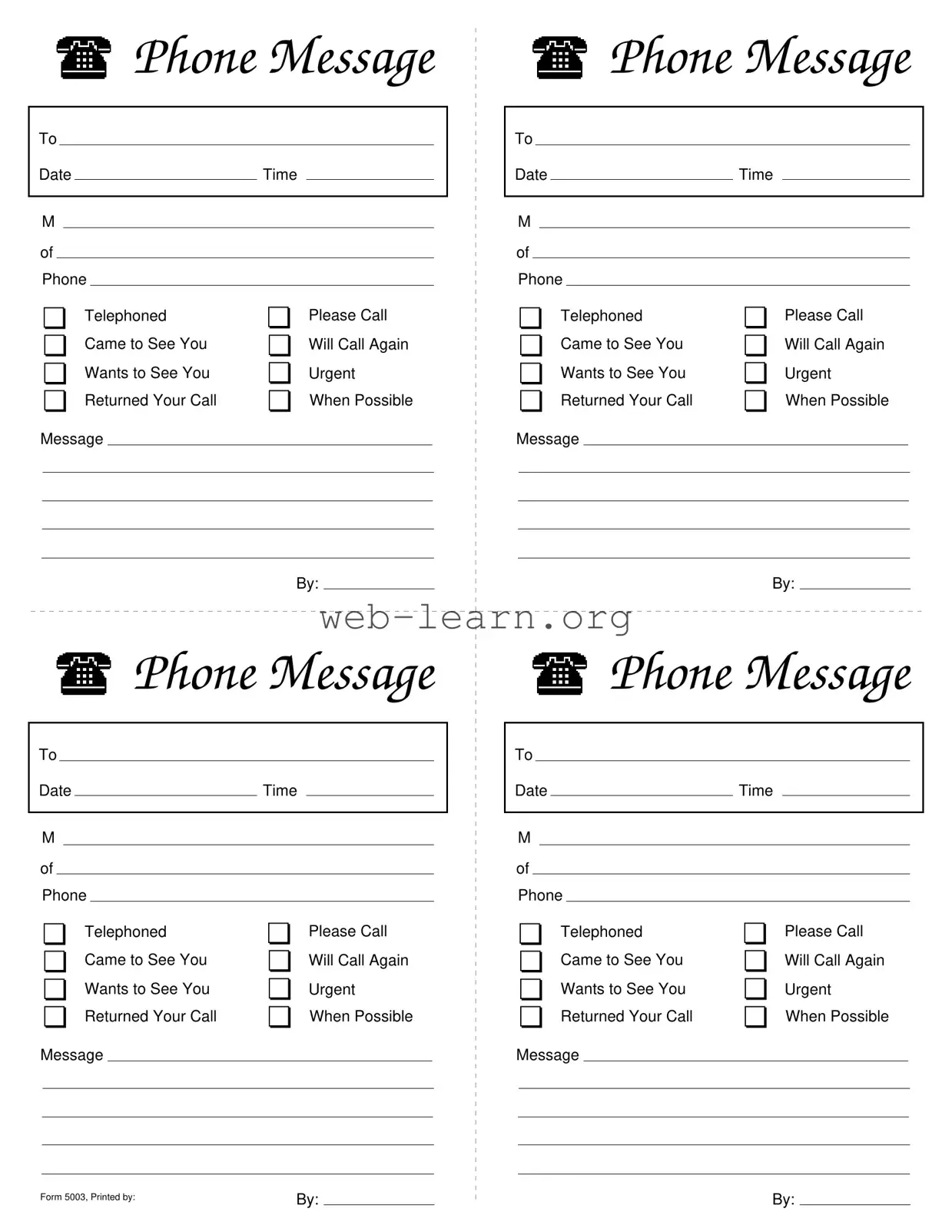Blank Phone Message Slips Form
