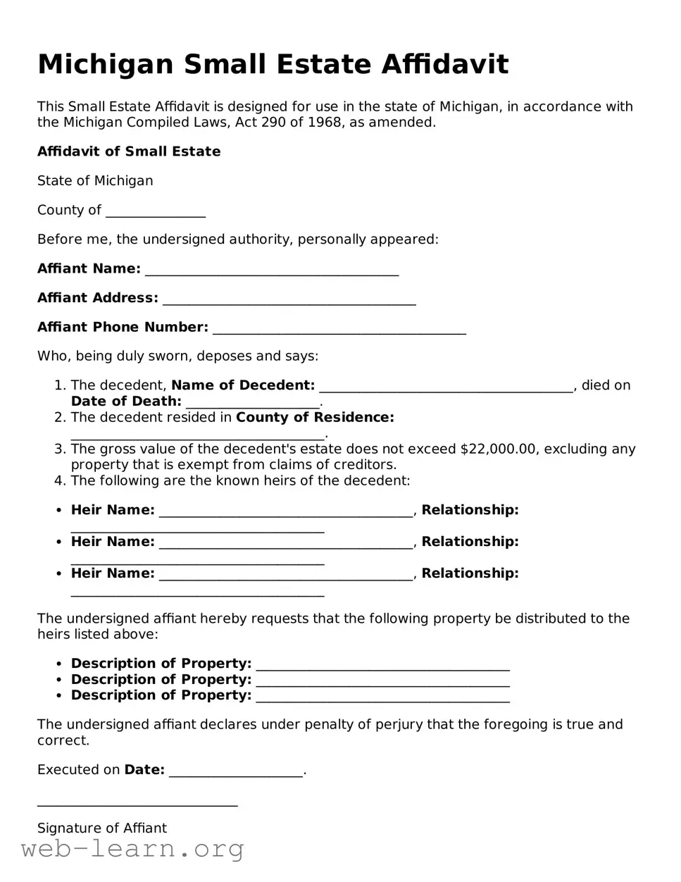 Attorney-Approved Small Estate Affidavit Document for the State of Michigan