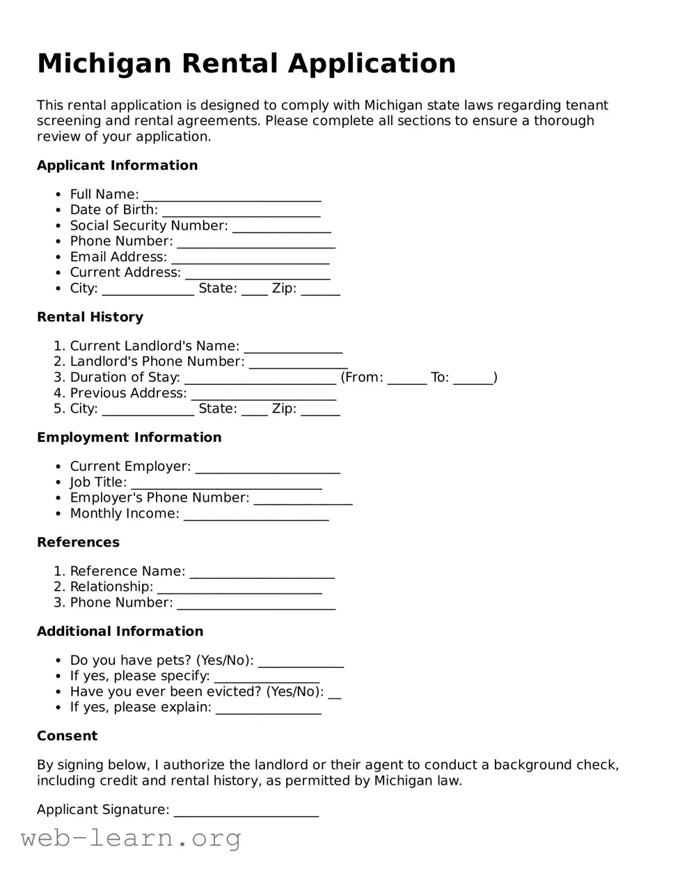 Attorney-Approved Rental Application Document for the State of Michigan