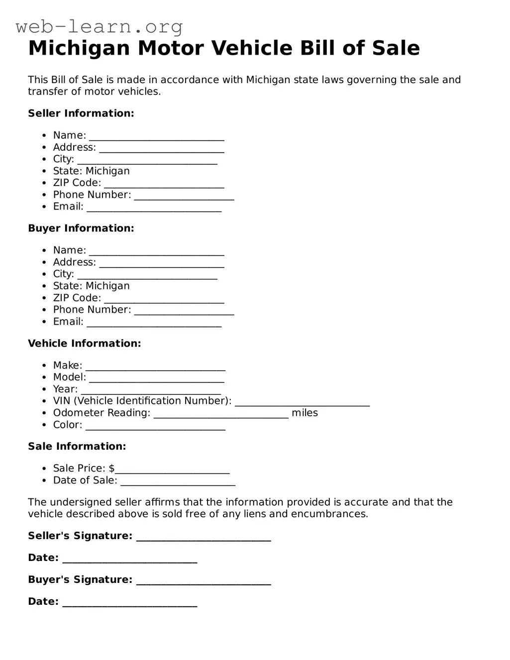 Attorney-Approved Motor Vehicle Bill of Sale Document for the State of Michigan