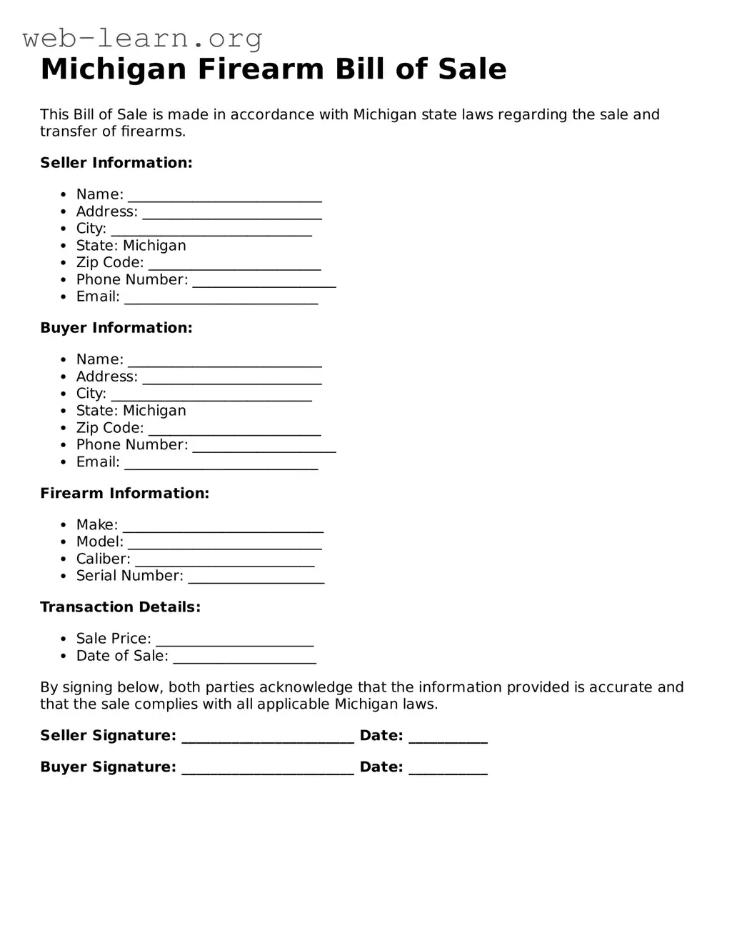 Attorney-Approved Firearm Bill of Sale Document for the State of Michigan