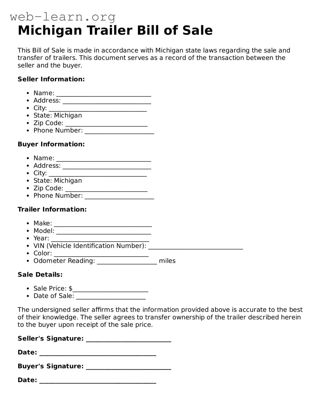 Attorney-Approved Trailer Bill of Sale Document for the State of Michigan