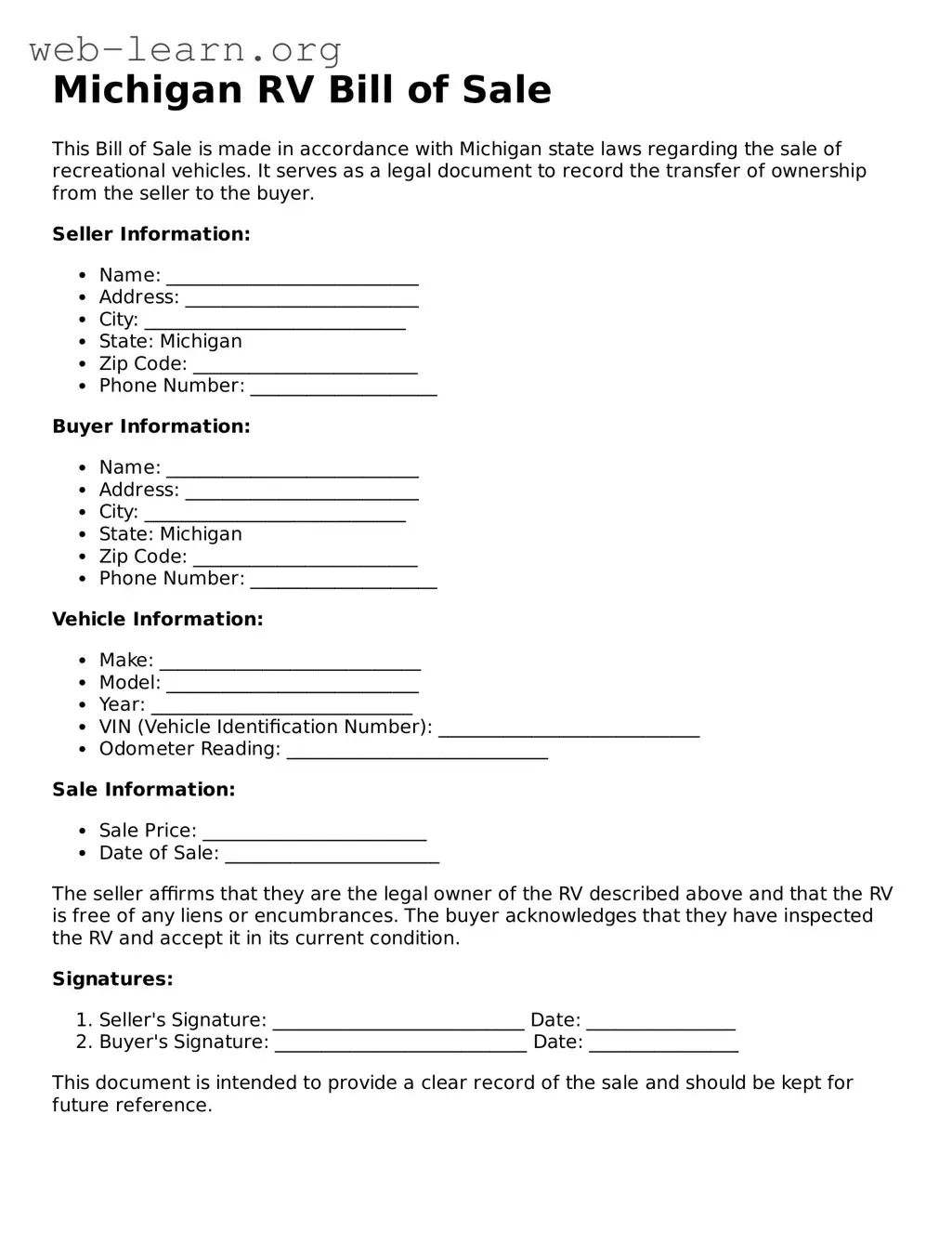 Attorney-Approved RV Bill of Sale Document for the State of Michigan