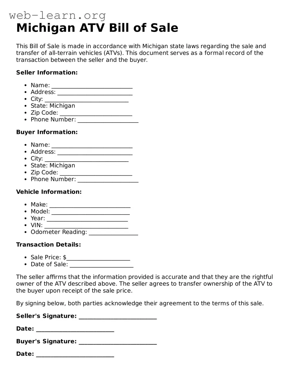 Attorney-Approved ATV Bill of Sale Document for the State of Michigan
