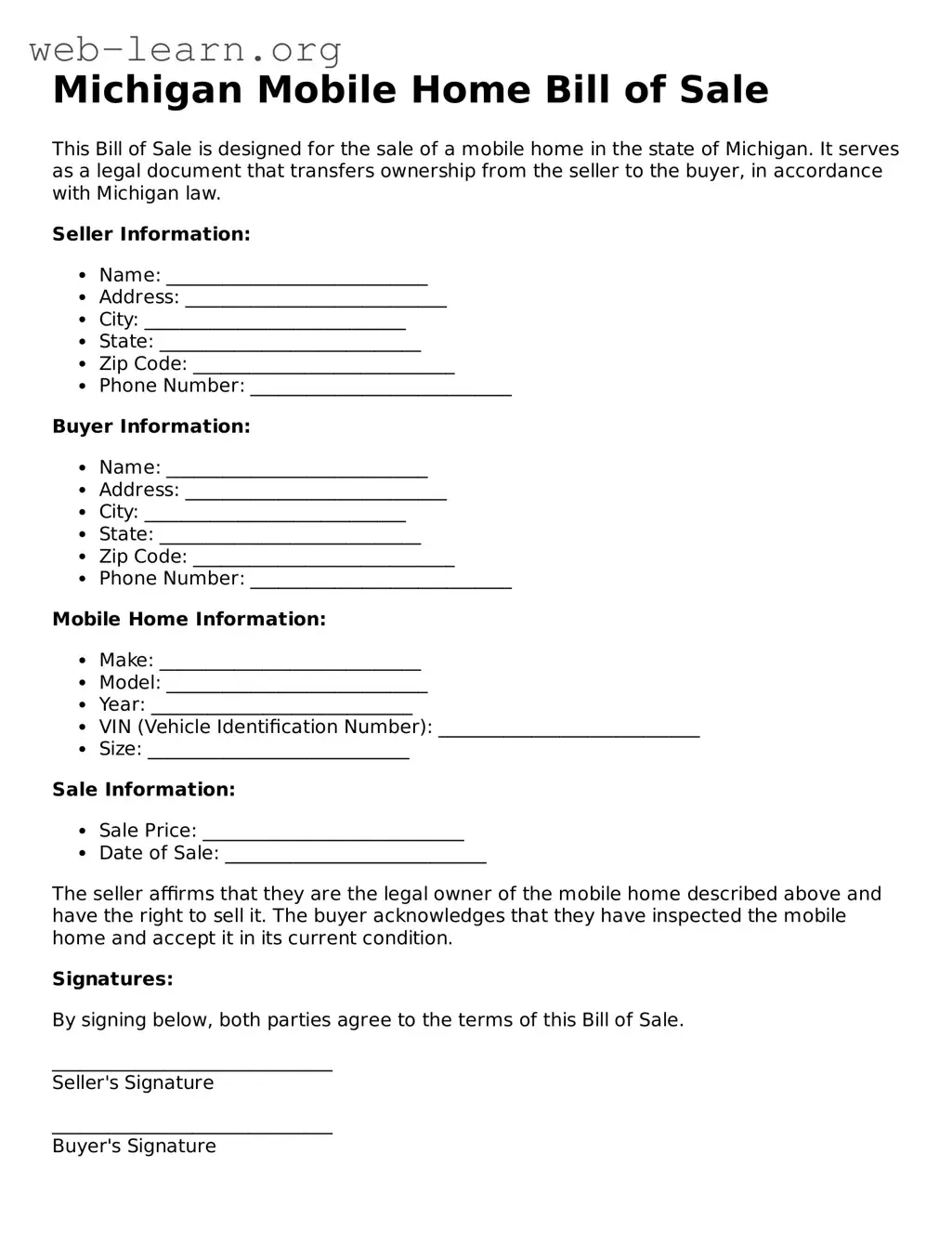 Attorney-Approved Mobile Home Bill of Sale Document for the State of Michigan