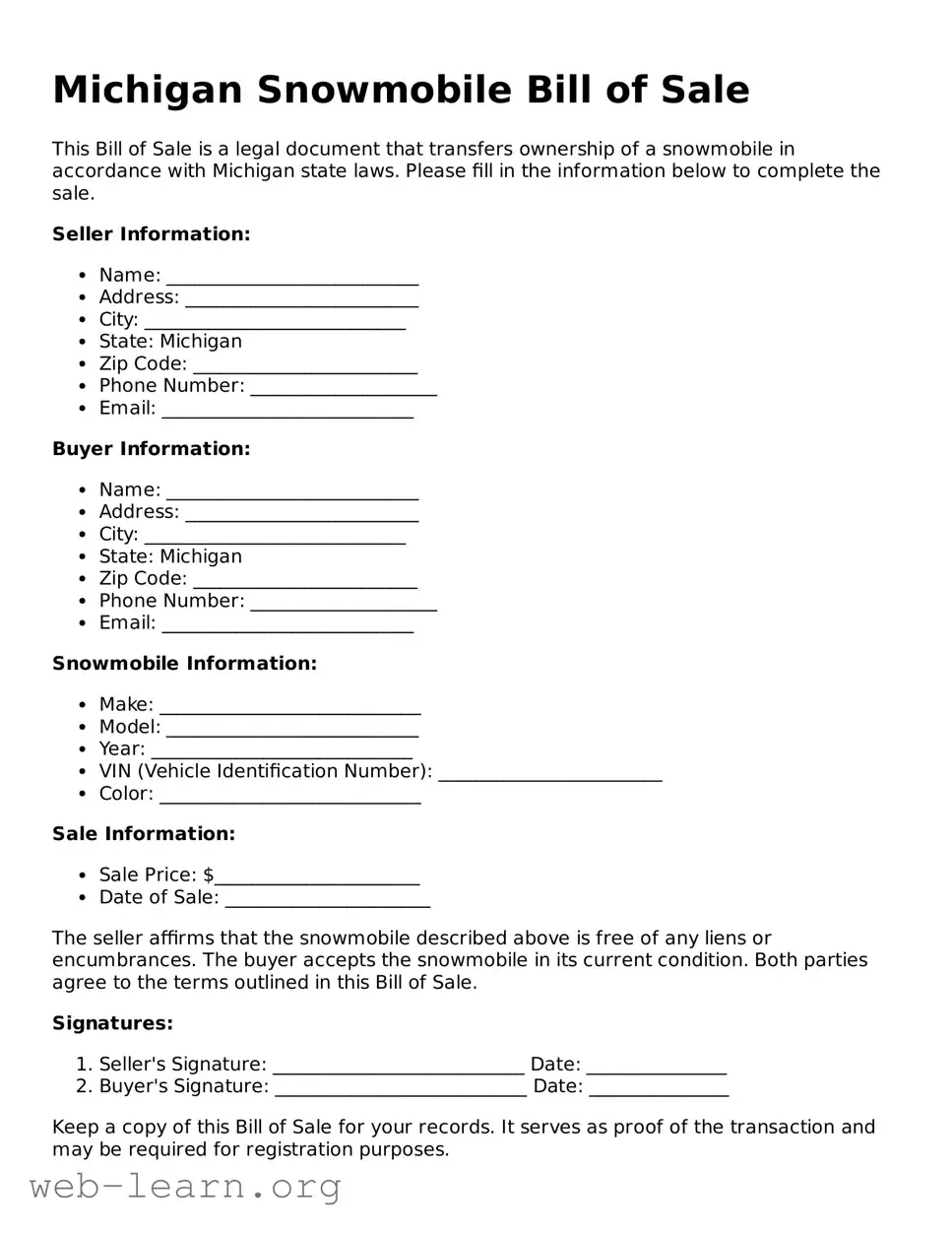 Attorney-Approved Snowmobile Bill of Sale Document for the State of Michigan